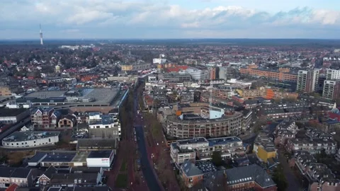 Drone shot overview of city centre Hilversum with train station Stock Footage 147203998