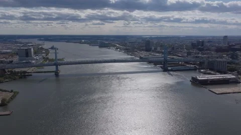 Drone Shot Of Philadelphia Ben Franklin Bridge and Skyline Daytime D Log Stock Footage 288859341