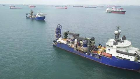 Drone shot of pipe laying vessel, Singapore Stock Footage 157572444
