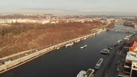 Drone shot of Prague along both banks of the Vltava River Stock Footage 145687268