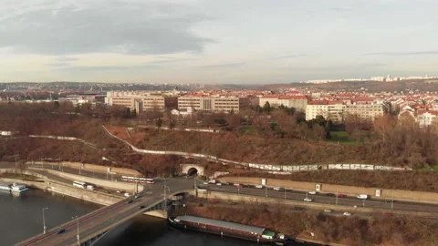 Drone shot of Prague along both banks of the Vltava River Video stock 145687269