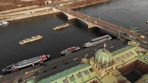 Drone shot of Prague along both banks of the Vltava River Stock Footage 145687287