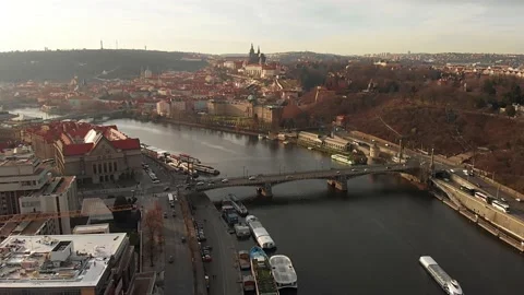 Drone shot of Prague along both banks of the Vltava River Stock Footage 145687305