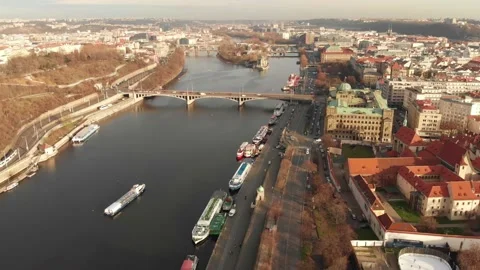 Drone shot of Prague along both banks of the Vltava River Stock Footage 145687306