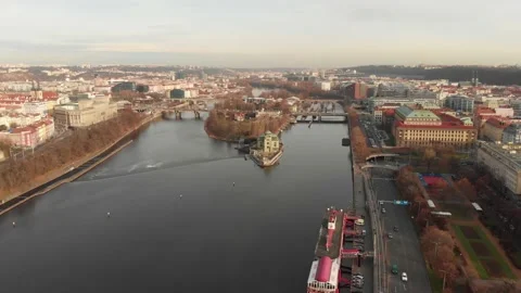 Drone shot of Prague along both banks of the Vltava River Stock Footage 145687307