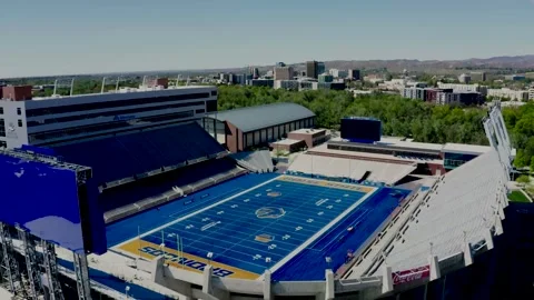 Drone shot pulling away from the Boise State football stadium in Idaho. Stock Footage 292911635