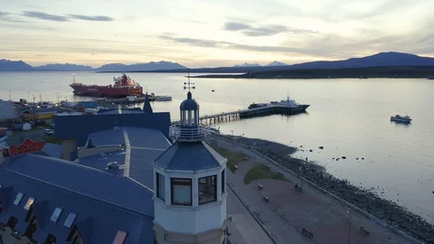 Drone Shot Pulling Away from the City of Puerto Natales Stock Footage 100640839