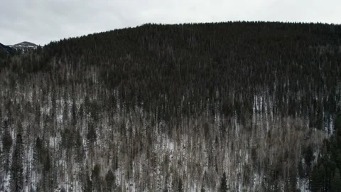 Drone shot pulling back and revealing a large mountain range and forest Stock Footage 171472240