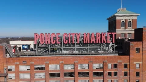 Drone shot pulling out from The Ponce City Market Sign. Stock Footage 309170041