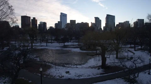 Drone Shot push in over Boston Park Snow 스톡 동영상 112114586