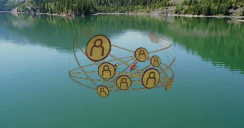 Drone shot revealing 3D user nodes sphere rotating over lake, enclosing kayakers Video stock 331736053