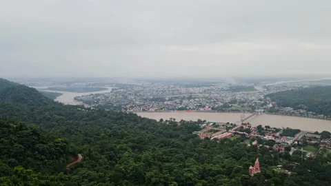 Drone shot of Rishikesh City during monsoon, Aerial View of Holy River Ganga 스톡 동영상 161113157