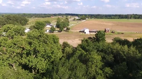 Drone shot rising over forest trees to reveal a farm. 스톡 동영상 90993012