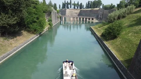 Drone shot of the river and a bridge in Peschiera del Garda Stock Footage 209151354