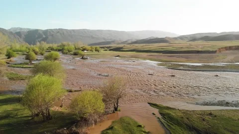 Drone shot of river and mountains in Kazakhstan Stock Footage 155199338