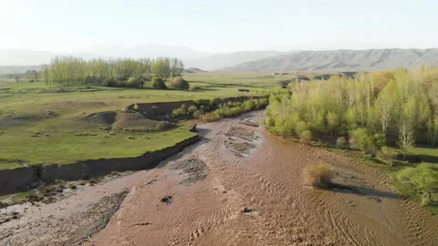 Drone shot of river and mountains in Kazakhstan Stock Footage 155199429