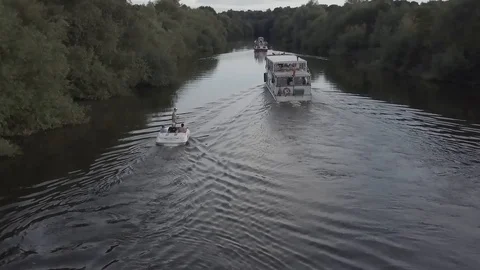 Drone Shot of River Boats Stock Footage 128043238