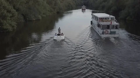 Drone Shot of River Boats Stock Footage 128043261