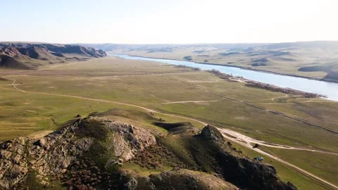 Drone shot of river Ili and spring steppe in Kazakhstan Stock Footage 237674807