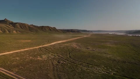 Drone shot of river Ili and spring steppe in Kazakhstan Stock Footage 335067600