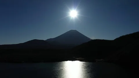 Drone shot of river surface reflecting sun shine and Fuji mountain in Japan Stock Footage 122572513
