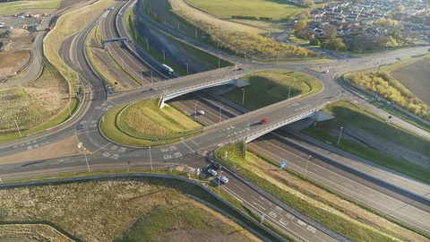 Drone shot of road junction before the Queensferry crossing in South Queensferry Stock Footage 129592829