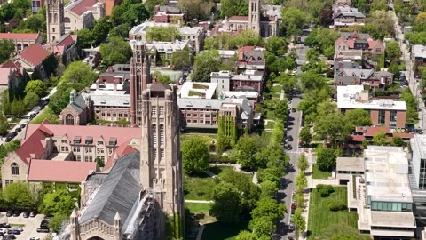 Drone Shot of Rockefeller Memorial Chapel and University of Chicago Campus Stock Footage 333050688
