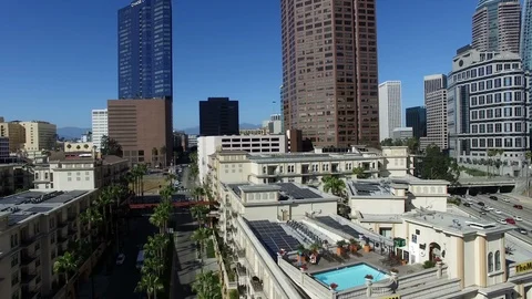 Drone shot of rooftop pool and Los Angeles freeway Stock Footage 88933431