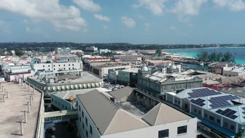 Drone shot rooftops, solar panels and colonial architecture of Bridgetown Video stock 136389955