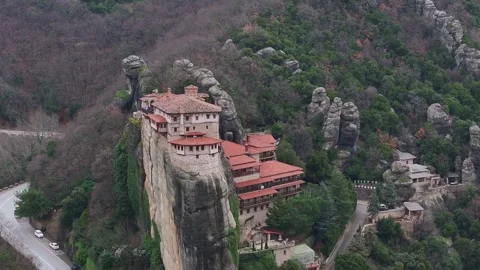 Drone Shot of Roussanou Monastery Perched on Rock Cliff in Meteora Stock-Footage 344248704