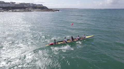 Drone Shot of Rowing Crew on Race Competition Near Coast and Kilkee Town Stock Footage 346213774