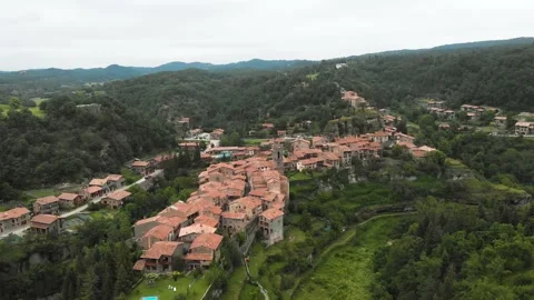A drone shot of the rural town of Rupit i Pruit, in Catalonia, Spain. Stock Footage 133466438
