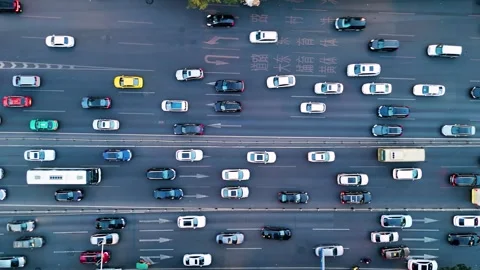Drone shot of rush hour traffic in Guangzhou, China, Video stock 302449093