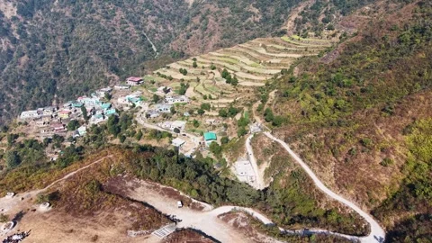 Drone Shot of Sacred Temple Along Himalayan Ridge Line Stock Footage 337629649