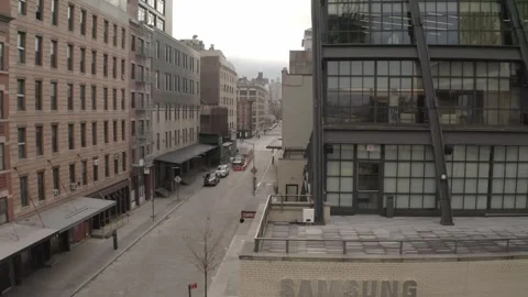 Drone shot of the Samsung Experience building and brick facades Stock-Footage 248170318