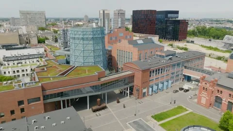 A drone shot of the Science and Technology Center EC1 in Lodz. Stock Footage 247551108
