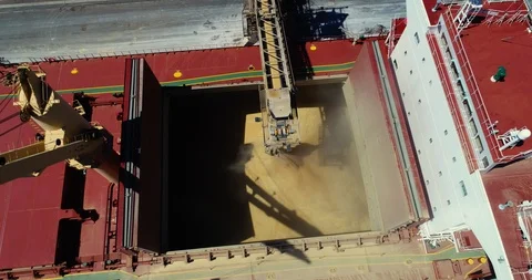 Drone shot of ship loading bulk grain in Australian port - 4K 30P. Stock Footage 86603780
