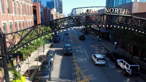 Drone shot of the Short North Arts district in Columbus, Ohio Stock Footage 345079167