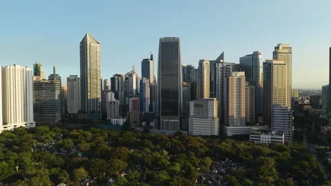 Drone shot Showing contrast between Manila South Cemetery and Makati 스톡 동영상 333874155