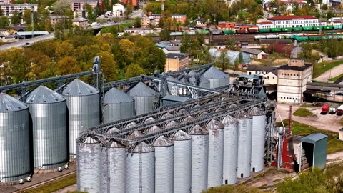 Drone Shot Of Silo System Tanks, Grain Bin And Elevator Stock Footage 308770405