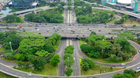 Drone Shot of Simpang Susun Semanggi - Jakarta, Indonesia. Busy Highway Inter Stock Footage 130480869