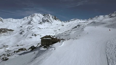 Drone Shot Of A Ski Cabin On A Skiing Slope In France, Sunny Day Stock Footage 93660089