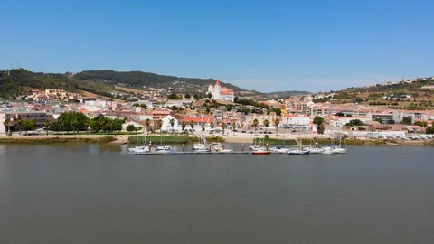 Drone shot of small river harbour. Stock Footage 127685950