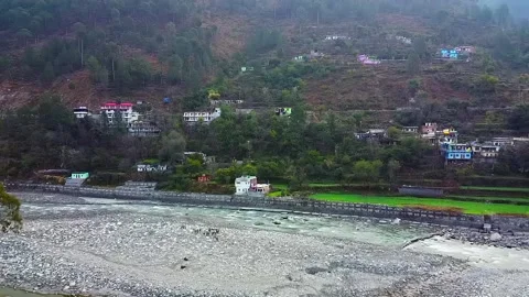 Drone shot in small town and river Stock Footage 202075403