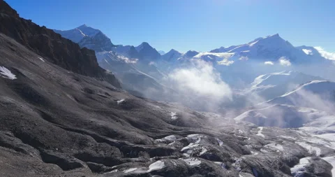 Drone shot of snow-covered mountain range on high altitude trail in Annapurna Stock Footage 342045650