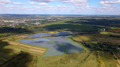 Drone shot of solar panel rows at a solar power facility Stock Footage 171596742