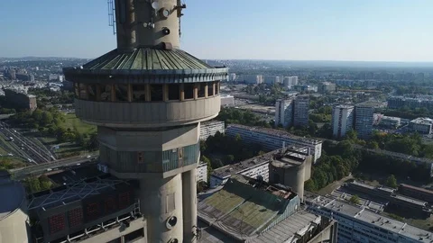 Drone shot of Soviet Union era tower in Belgrade, former Yugoslavia Stock Footage 85451073