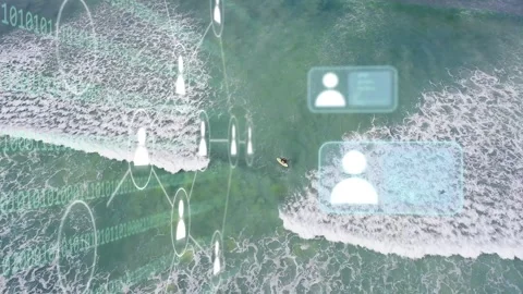Drone shot starting network overlay, mid surfer shifting, second board entering, Stock Footage 334266888
