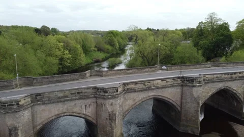 Drone Shot of Stone Bridge Over River Tees at Croft on Tees Stock Footage 192898699