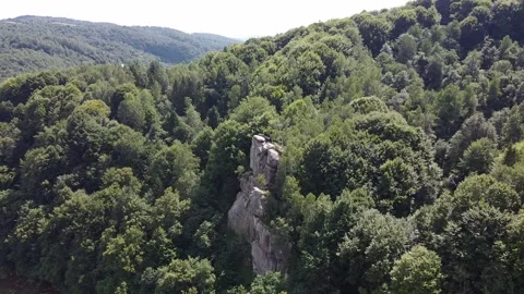 Drone shot of stone cliffs in forest near river, Carpathian Mountains landscape Stock Footage 336631700